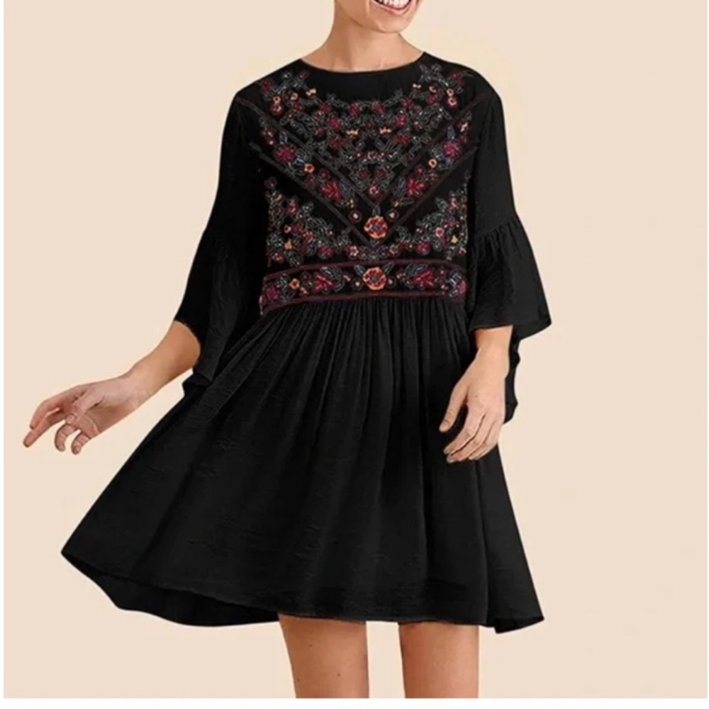 Umgee NWT Black Boho Embroidered Bliss Tunic Dress